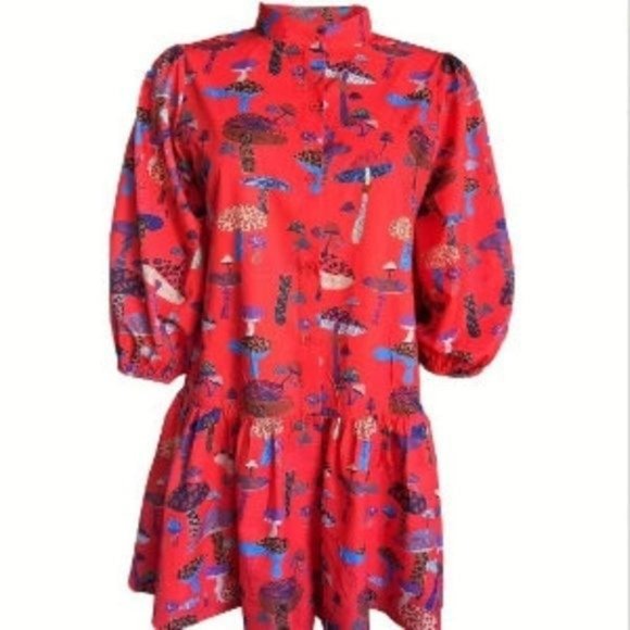 Red Mushroom Button Up Oversized Lantern Sleeve Lapel Collar Mini Dress XL - Picture 1 of 6